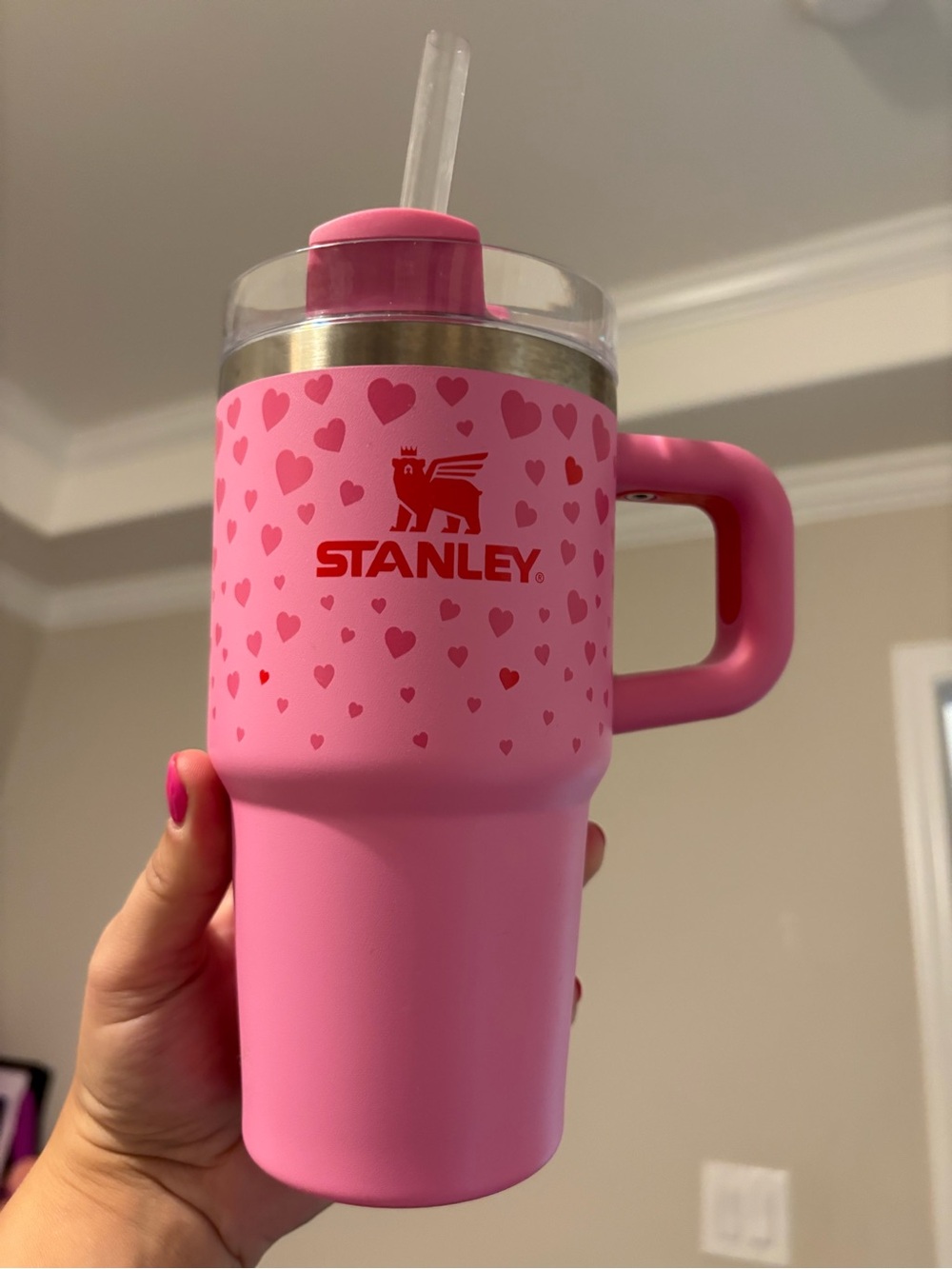 Stanley Pink Heart Travel Tumbler with Handle